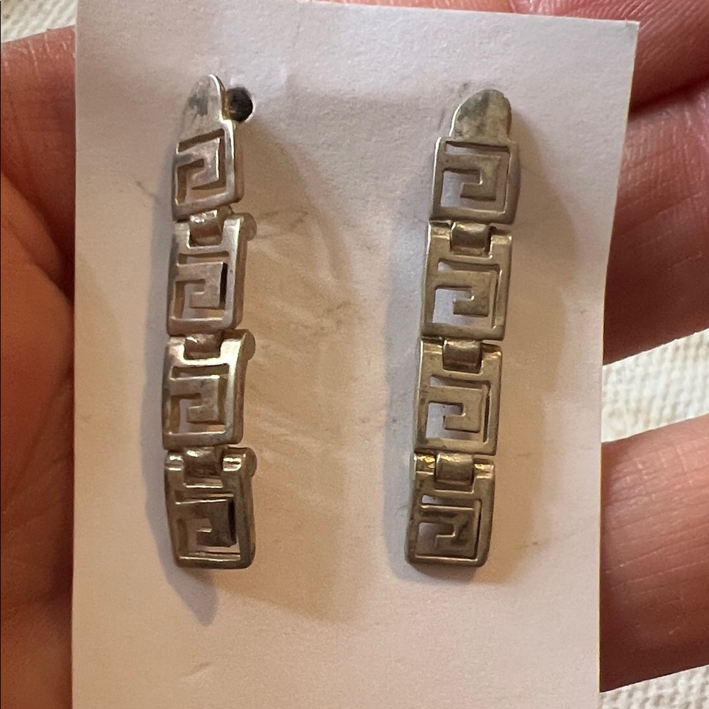 Vintage stamped Sterling Silver 925 Greek Key dangle earrings.